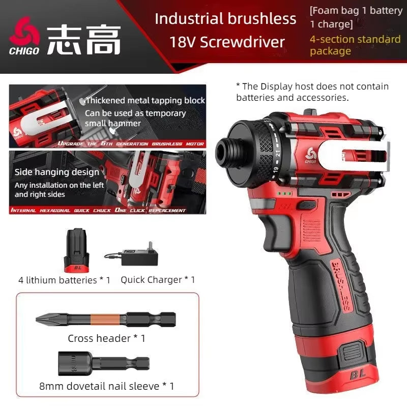 CHIGO Brushless Electric Drill Cordless Knockable Driller Driver 80N.M 18V Screwdriver Li-Ion Battery Electric Power Tools